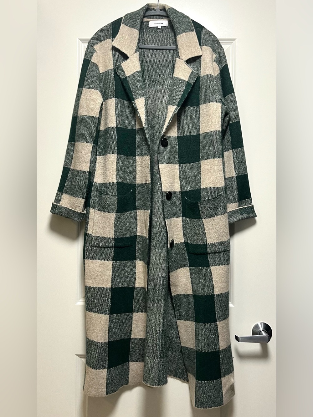 John + Jenn Sven Sweater Coat Cozy Coatigan Sacramento Green & Cream Plaid L